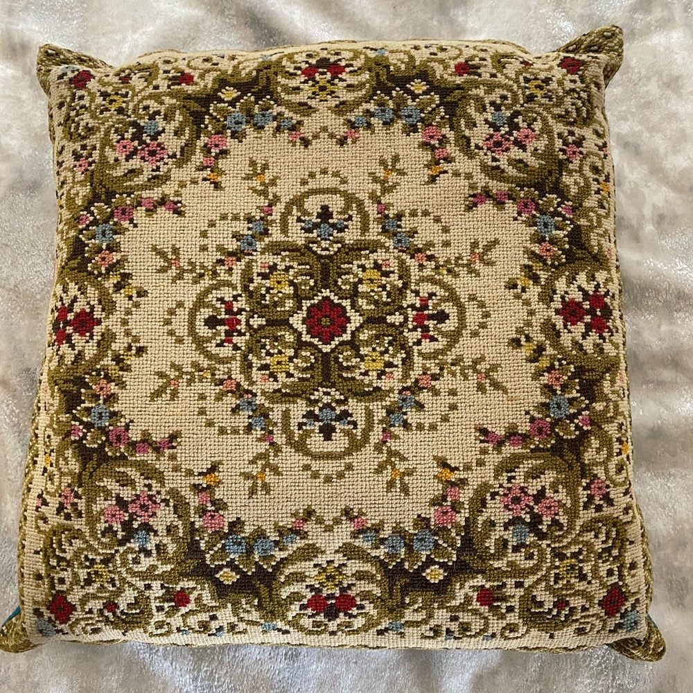 Vintage Embroidered Pillow Handmade Antique Decor Floral Embroidery